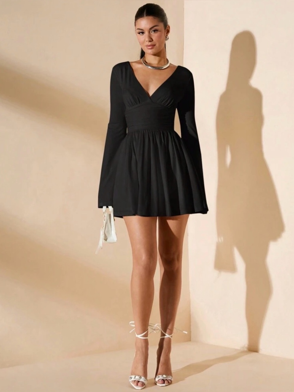 SHEIN Black Long-Sleeve V-Neck Mini Dress
